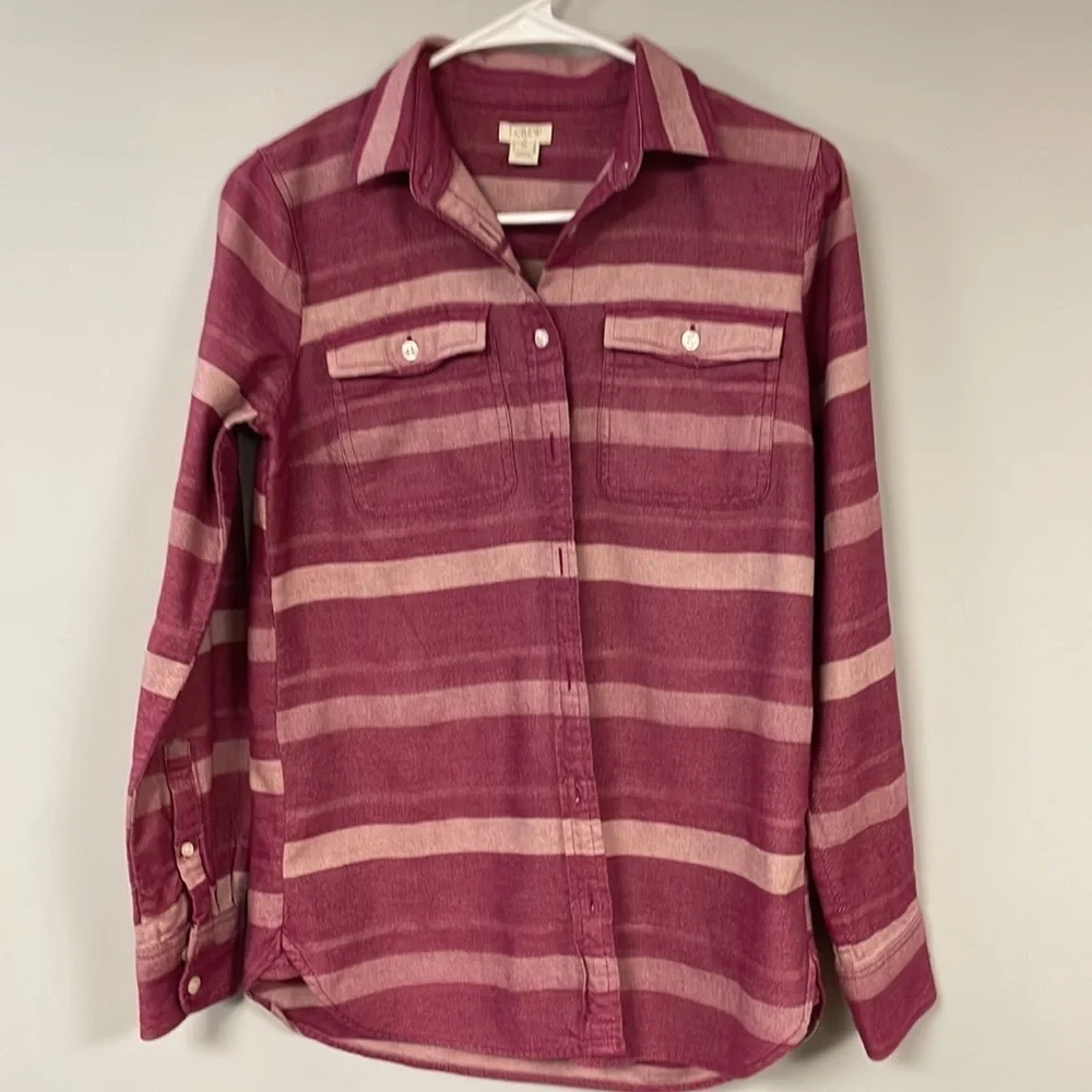 J Crew striped button down shirt, XS, Roomy, plum & lavender, heavy fabric